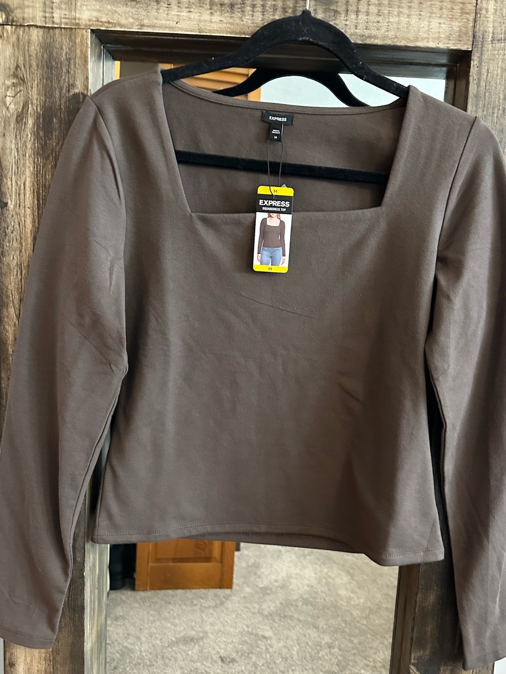 NWT Express Square Neck Long Sleeve Top Brown Medium Fitted Stretch Old Money